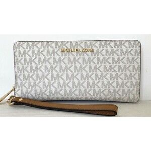 New Michael Kors Jet Set Large Travel Continental Wallet Logo Vanilla